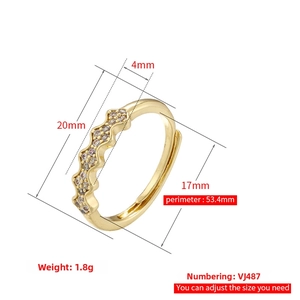 Detail view of 18K gold plated wavy open ring with cubic zirconia dimensions and weight