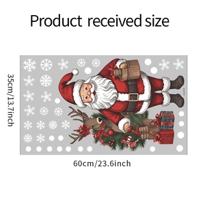 Detailed size guide of Christmas window stickers with Santa, reindeer and snowflake patterns