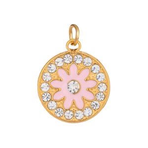 Detailed view of a gold flower charm with pink enamel and sparkling crystals