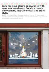 Christmas window decals with silver city silhouette, Santa Claus and festive tree