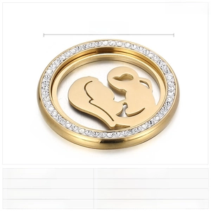 Macro view of 30mm golden mother and child pendant with crystal inlay and dimensions