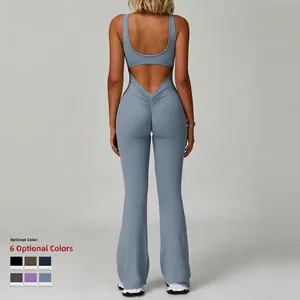Gray-blue backless yoga jumpsuit with scrunch butt lift and flare leg design