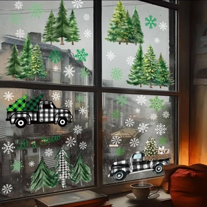 Autocollants de Noël pour fenêtres avec sapins et camion à carreaux sur vitre décorative