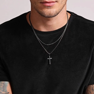 Men's double layer stainless steel cross necklace with cuban and figaro chain on model