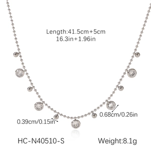 Silver bead chain necklace with zircon stones detailing length and weight specifications