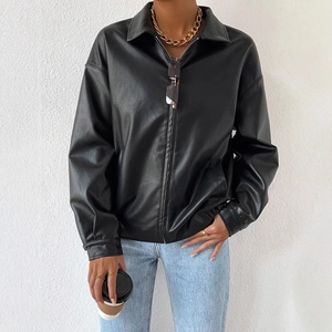 Classic black leather motor jacket for men and women with zipper and polo collar detail