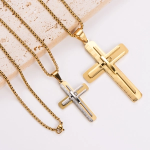 Vintage retro 3D cross pendant necklaces in gold and silver finish with round box chain