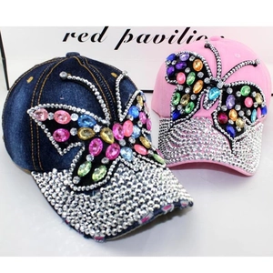 Butterfly Rhinestone Baseball Cap Sparkly Denim Cotton Adjustable Sun Hat Trendy Streetwear Women