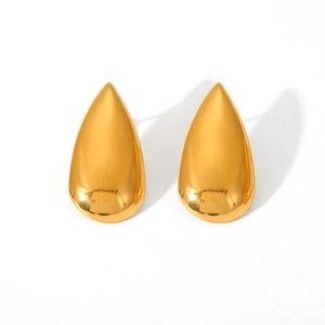 Detail view of gold teardrop earrings featuring a polished stainless steel finish