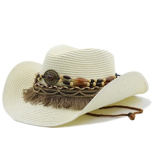Classic wide brim straw cowboy hat with beaded band and chin strap for sun protection