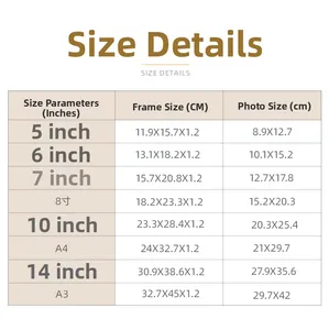 Detailed size chart showing outer frame and photo dimensions for Nordic photo frames