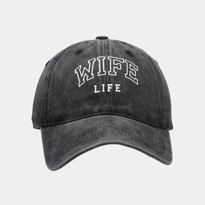 Vintage washed charcoal baseball cap featuring white WIFE LIFE lettering for sun protection