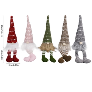 Five assorted Christmas gnomes with striped hats and long dangling legs ornaments
