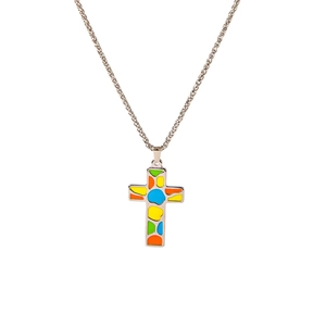 Detail of cross pendant featuring colorful enamel inlay and polished silver steel finish