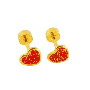 Macro shot of French style red heart-shaped titanium steel stud earrings with gold glitter