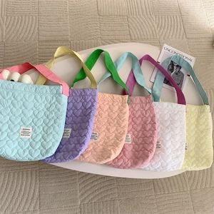 Heart Quilted Tote Bag Women Large Capacity Cotton Fabric Shoulder Handbag Sweet Korean Style Contrast Color Straps