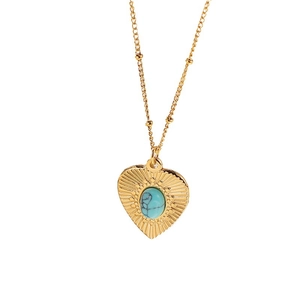Vintage gold heart pendant necklace with blue stone on a delicate beaded chain