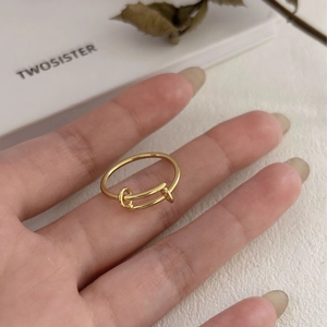 Close-up of a golden geometric 925 silver adjustable ring on a model hand with dry leaves