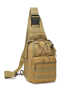 Tactical khaki shoulder bag with MOLLE system and durable nylon fabric in 3/4 side view