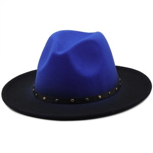 Detail of blue and black gradient wool fedora with studded leather band decoration