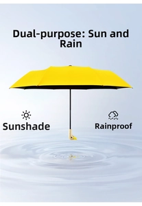 Detailed view of a yellow folding umbrella featuring a creative wooden duck head handle