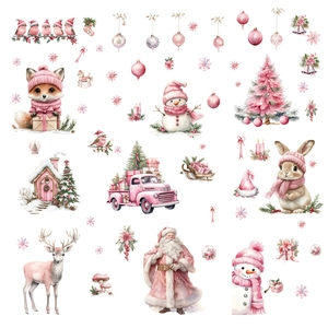 Pink Christmas window stickers featuring watercolor Santa, snowman, and reindeer illustrations