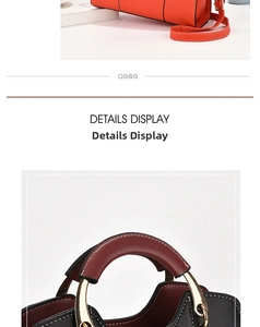 Detail view of leather handbags with gold metal rings and contrast stitching details