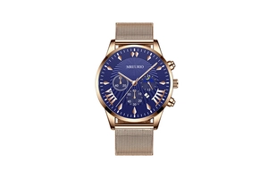 Detail of rose gold mesh strap watch with navy blue sunray dial and three sub-dials