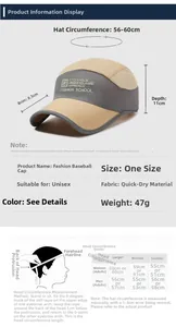 Size chart showing quick-dry baseball cap dimensions including 56-60cm circumference