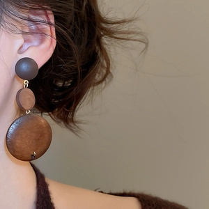 Vue rapprochée de boucles d'oreilles en bois à disques superposés portées par un modèle