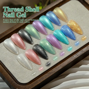 Pearlescent thread shell nail gel polish swatches in 15 assorted macaron and metallic colors