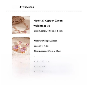 Vue détaillée du collier et boucles d'oreilles fleur zircon avec dimensions et poids