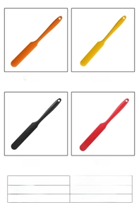 Detail view of silicone spatulas in four colors with specification table for baking use