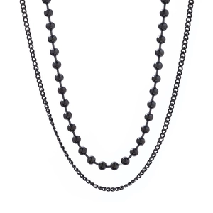 Double-layered black bead and flat chain necklace in vintage stainless steel for men