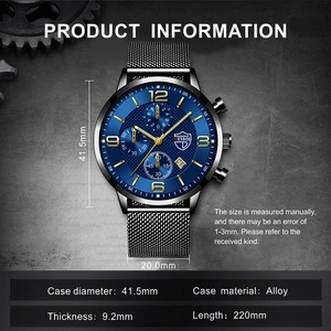 Men's business watch with blue dial, black mesh strap, and calendar display