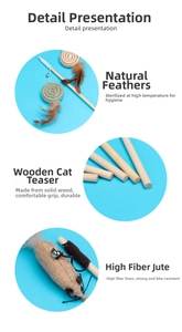 Detail view of natural feather cat wand with wooden handle and durable linen mouse toy
