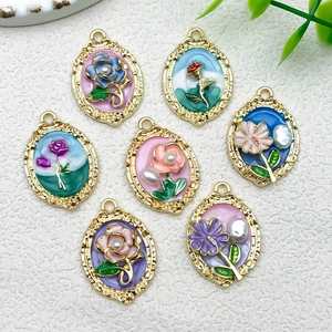 Vintage floral oil painting pendants with gold relief for DIY jewelry making