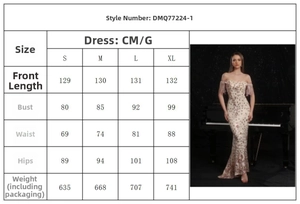 Tabla de tallas detallada para el vestido de noche de lentejuelas con medidas en cm