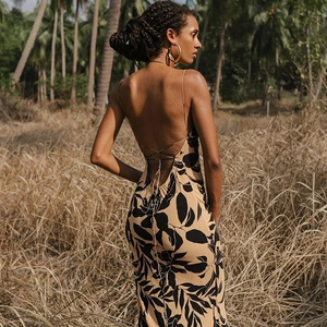Sexy backless floral maxi dress with khaki palm leaf print for summer beach vacations