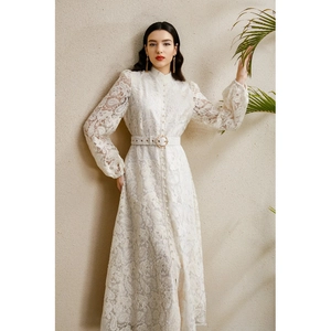 Elegant white lace long sleeve dress with stand collar, lantern sleeves and waist belt