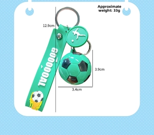 Détail du porte-clés football vert montrant la taille 12,9cm et la sangle GOOOOAL