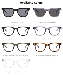 Detail view of round sunglasses in various frame colors with anti-blue light lens options
