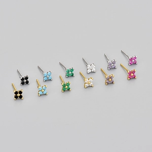 Mini Four Leaf Flower Stud Earrings For Women With Colorful Zircon Inlaid Copper And 925 Sterling Silver Earring Post