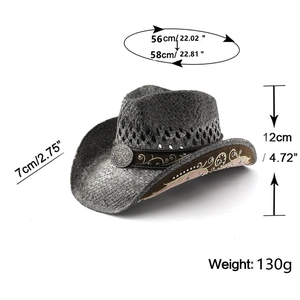 Detail of straw cowboy hat featuring brown embroidered brim and silver metal concho