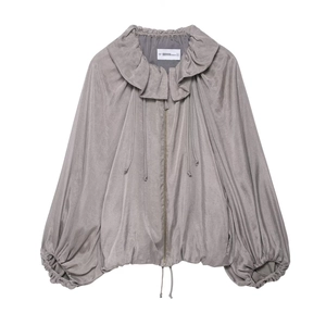 Metallic grey bomber jacket with ruffled oversized collar and drawstring hem details
