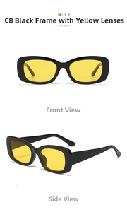 Detail view of square sunglasses with black frame, yellow lenses, and diamond texture