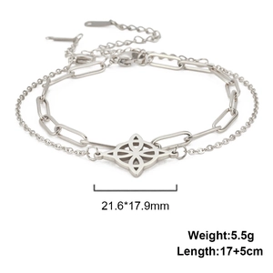 Double-layered stainless steel bracelet with witch knot pendant and paperclip chain style