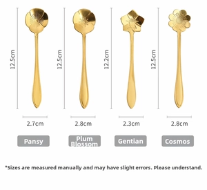 Set of 4 gold-plated stainless steel flower coffee spoons with detailed petal patterns
