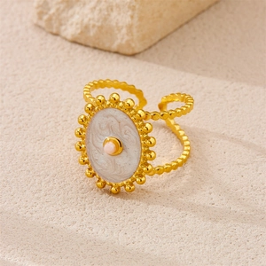 Retro 18k gold plated stainless steel ring with white marble inlay and pink center bead