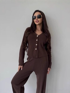 Women's dark brown knit set with V-neck buttoned cardigan and high-waist wide-leg pants